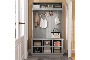 Homsee Modern Hall Tree with Storage Bench, 4-in-1 Entryway Bench with Coat Rack, Tall Hall Tree with 4 Metal Hooks, Shelves & 6 Cubes for Hallway, Living Room, Grey (39.8”L x 17.3”W x 67.1”H)