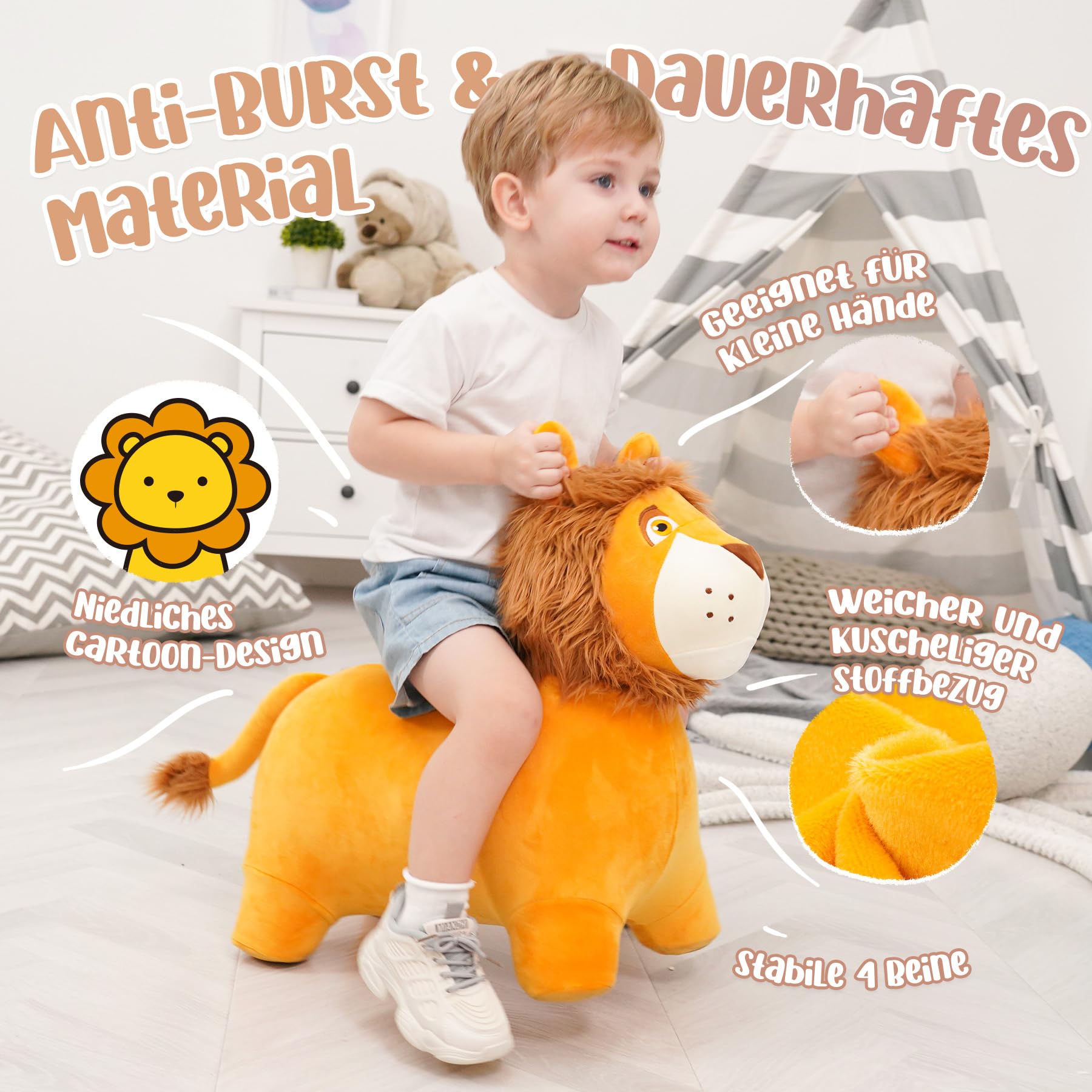 U&C Planet Hüpftier für Kinder ab 1 Jahr, Aufblasbarer Hüpf-Löwe mit Pumpe 4