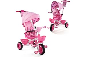 EOOWOY Toddler Tricycle with Push Handle, 7 in 1 Stroller Trike with 360° Swivel Seat, Reclining Backrest, All-Terrain Wheels, Dual Brakes, Canopy & Storage, Gift for Kids 18 Months to 5 Years, Pink