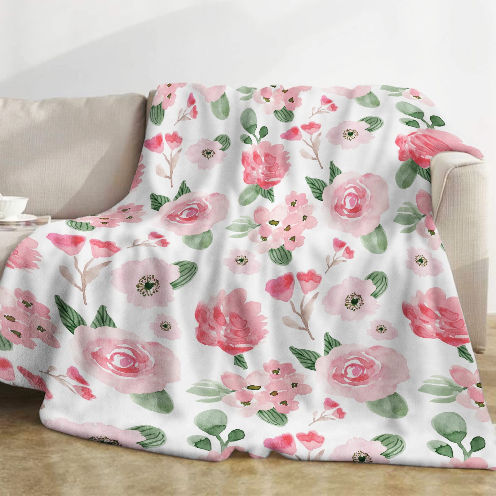 Domgoge Floral Blankets, Pink Rose and Throws, Soft Cozy Flannel Flower Blanket, Fluffy Fuzzy Rosebuds Print Throw, 101x127cm, White, 101 x 127cm Kid