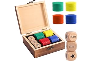 COZZIYCUL 55 Pack Left Right Center Dice Game Prime with Wooden Box Set 3 Pcs Wooden Dices and 52 Pcs Chips Left Right Dice Game for Adults Party Activity