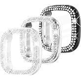 Fullife 3-Pack Bling Cases TPU Bumper Fitbit Versa 3 Protector for Women | Crystal Diamond HD Full Protective Cover Scratch Resistant Shock for Fitbit Versa 3/Fitbit Sense, Black/Silver/Clear