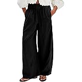 Jianzhixiao Women's Linen Wide Leg Pants Elastic Waist Summer Boho Palazzo Pants Beach Vacation Casual Trousers with Pockets
