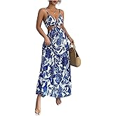 SOLY HUX Women's Boho Floral Print Ruffle Dress Tie Backless Deep V Neck Flowy Maxi Vacation Sundress