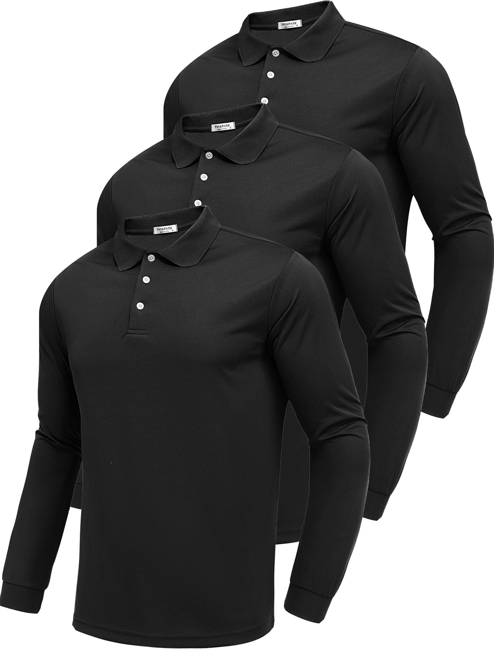 PINSPARK 3 Pack Men's Long Sleeve Golf Polo Shirts Athletic Casual Travel Performance Collar Shirts Lightweight Quick Dry