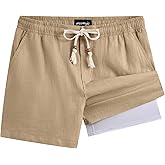 maamgic Mens Casual Linen Shorts 5/7 Inch Elastic Waist Drawstring Summer 2 in 1 Beach Short with Pockets