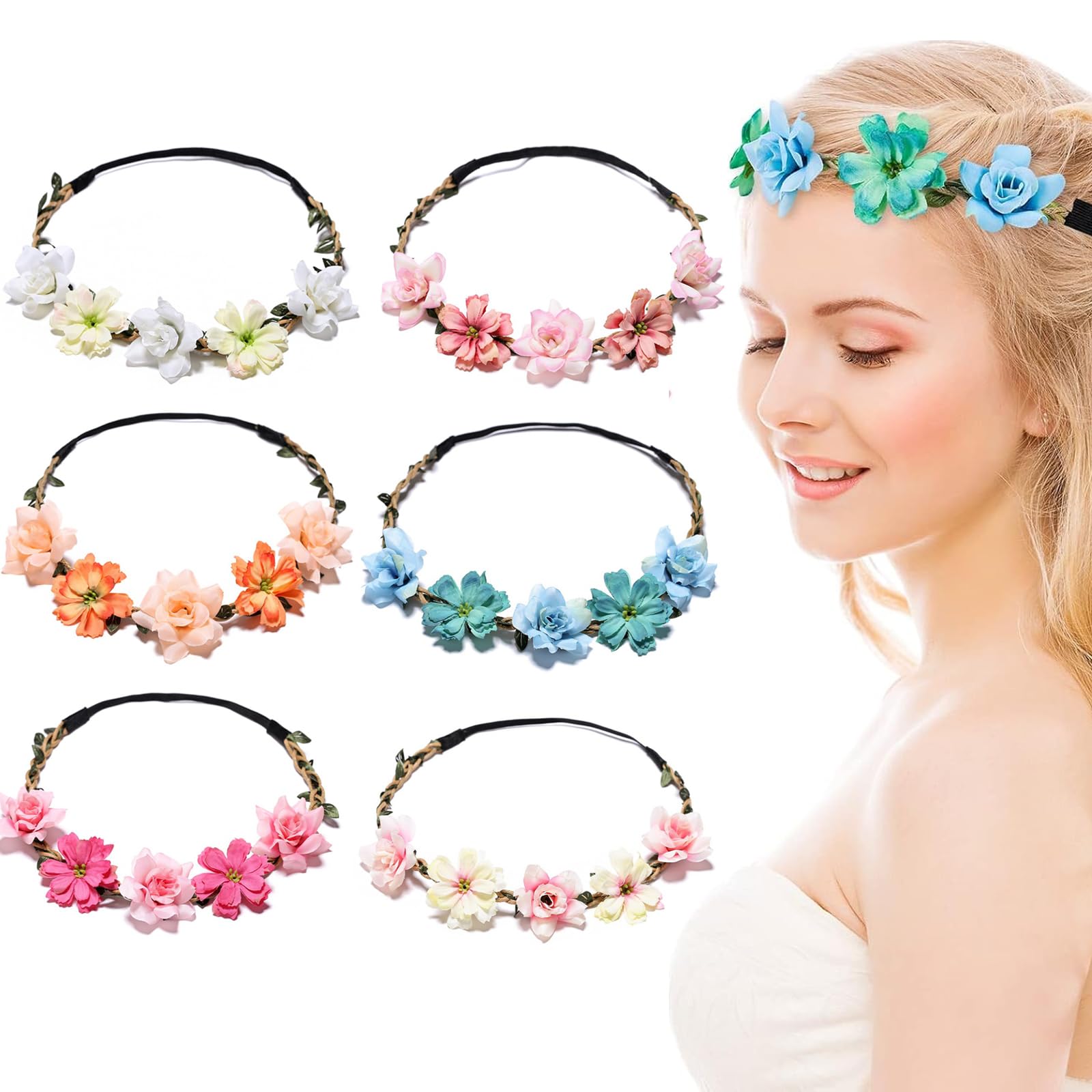 PMELCXD Flower Crown Headbands, 6PCSFlower Headbands for Women Girls, Multicolour Flower Hair Wreath Floral Headpieces Festival Hair Accessories for Wedding Party Festival