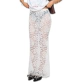 Women Sexy Lace Sheer Maxi Skirt Y2k Floral Lace Mesh Beach Cover-up Long Skirts Fairy Aesthetic Coquette Streetwear