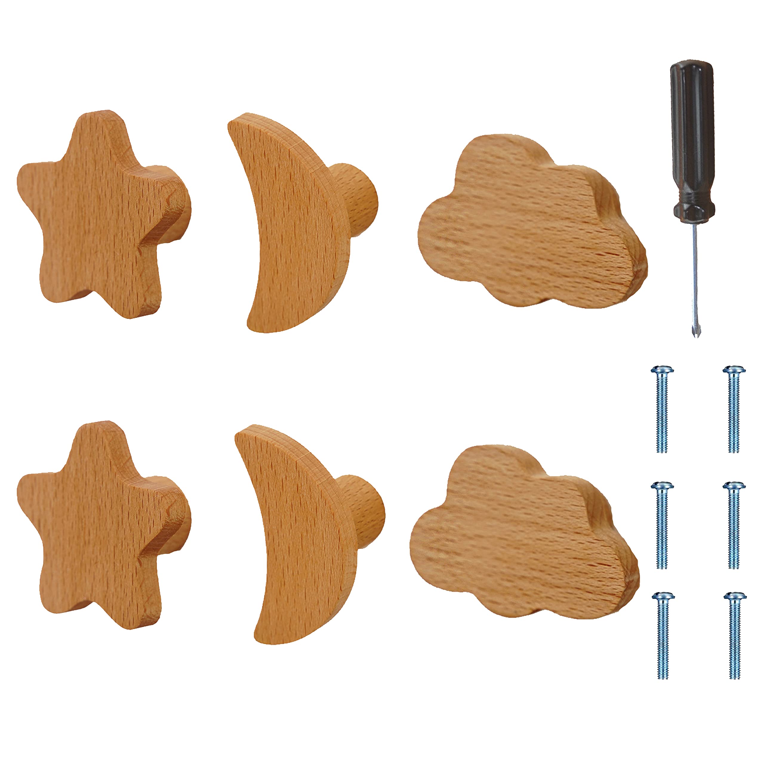 ED-Lumos 6Pcs Cabinet Pulls Knobs Door Cupboard Drawer Handles with Screws for Home Kitchen Bedroom Wardrobe Moon Star Cloud Design Wood Design