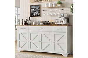 REVOMINCA 65" Large Buffet Cabinet with Storage, Sideboard Cabinet with 3 Drawers and 4 Doors,Farmhouse Coffee Bar, Large Wood Buffet Table for Kitchen, Living Dining Room