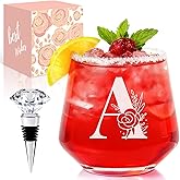 Physkoa Personalized Stemless Wine Glass — Customized A–Z Initial, Etched & Dishwasher Safe | Birthday Wine Gift for Her, Mom, Friend, Wife, Sister | Valentine’s Day Monogrammed Gift(A)