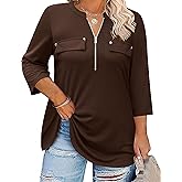 Kancystore Women's Plus Size 3/4 Length Sleeve Tops V Neck Shirts Work Blouses Zipper Spring Tunics XL-5X