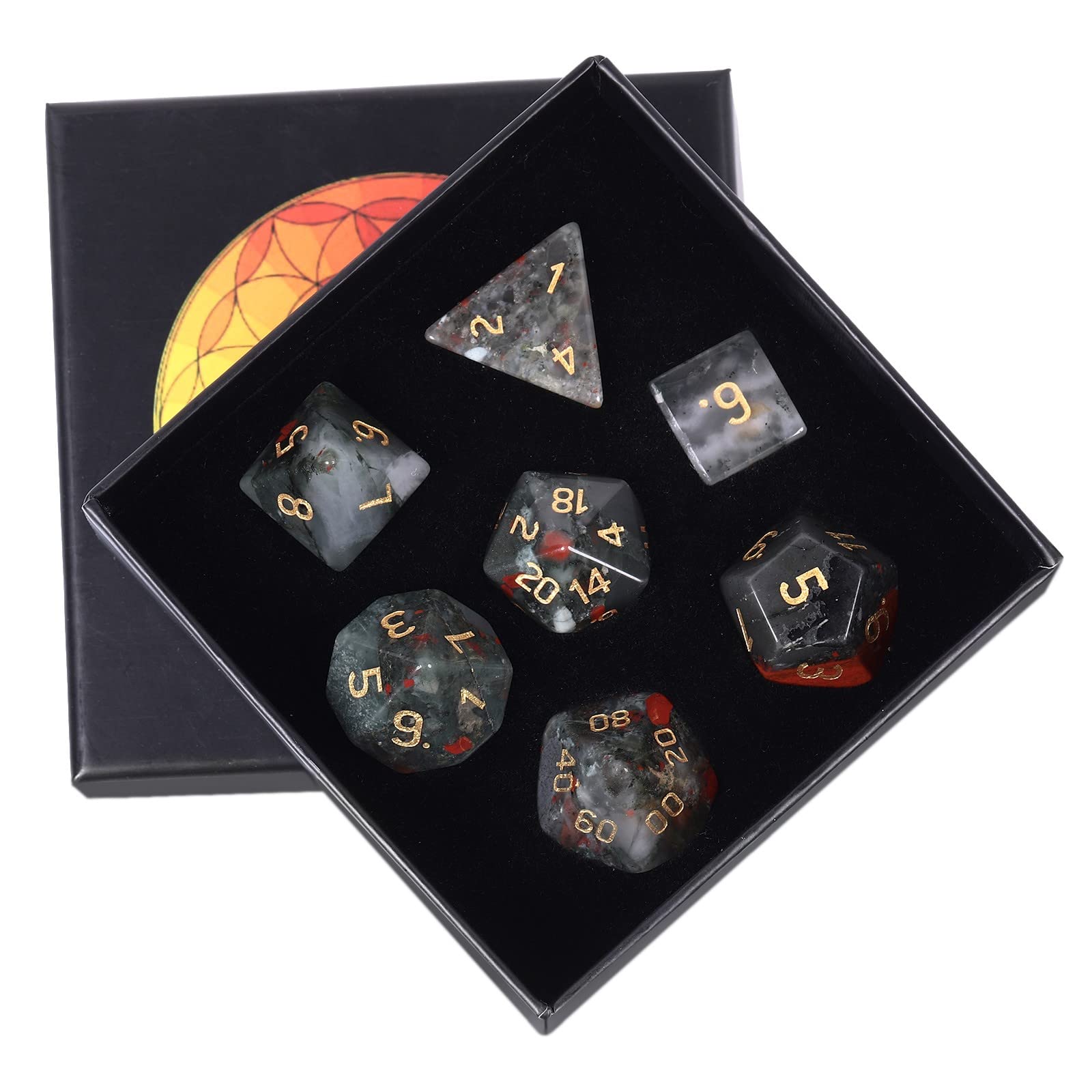 KYEYGWO Africa Bloodstone Crystal Polyhedral Dice Set, 7 Pieces Gemstone Dice for Dungeons and Dragons RPG DND, DND Gifts for Men Women