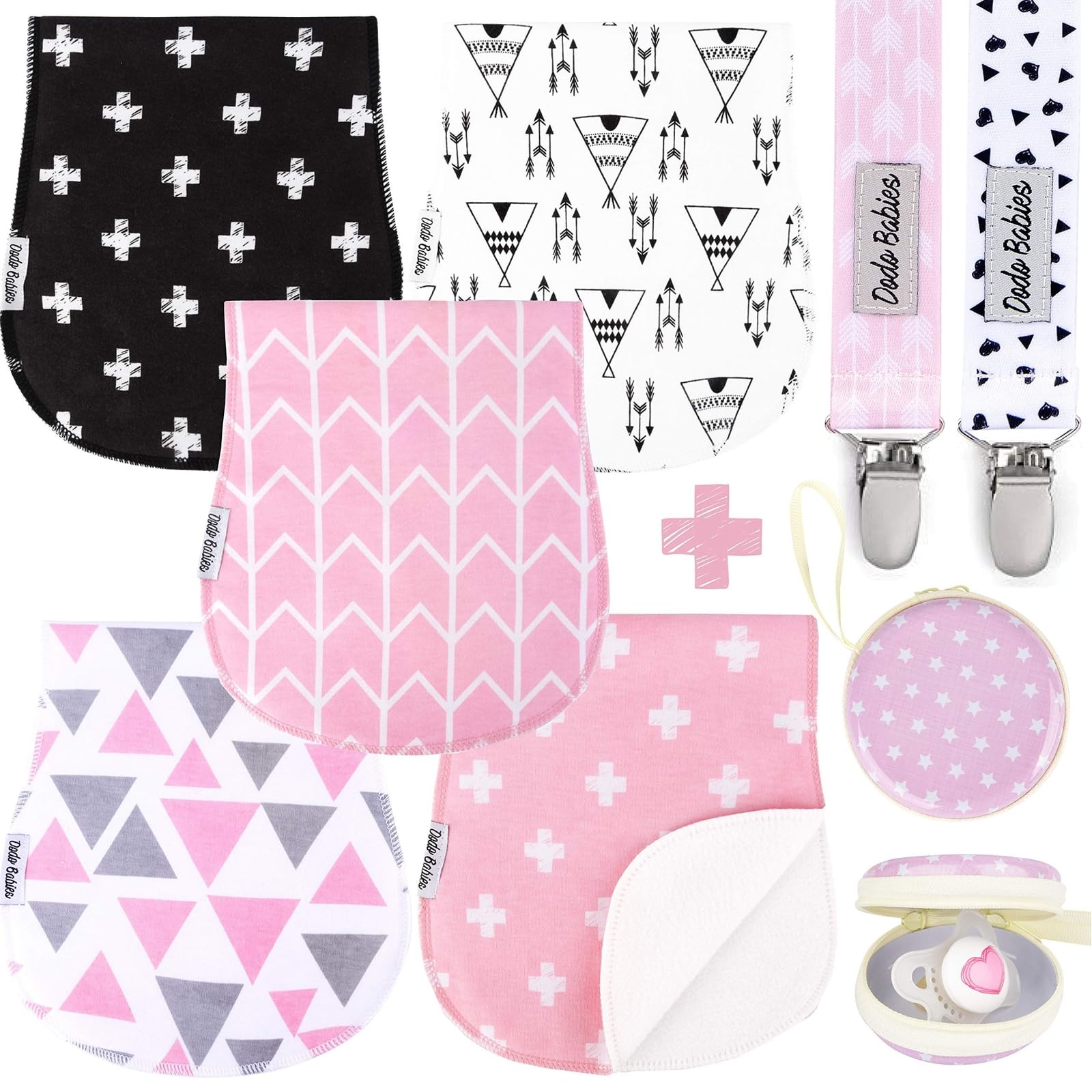 Dodo Babies Baby Burp Cloths Pack of 5 2 Pacifier Clips + Pacifier Case, Premium Quality for Girls Soft and Absorbent, Excellent Baby Shower/Registry Gift