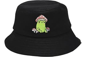 Enodtter Embroidered Frog with Mushroom Bucket Hat for Women Men
