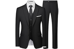 WULFUL Men's Slim Fit 3 Piece Suits Two Button Blazer Vest & Pants Tuxedo Set for Business Wedding Party