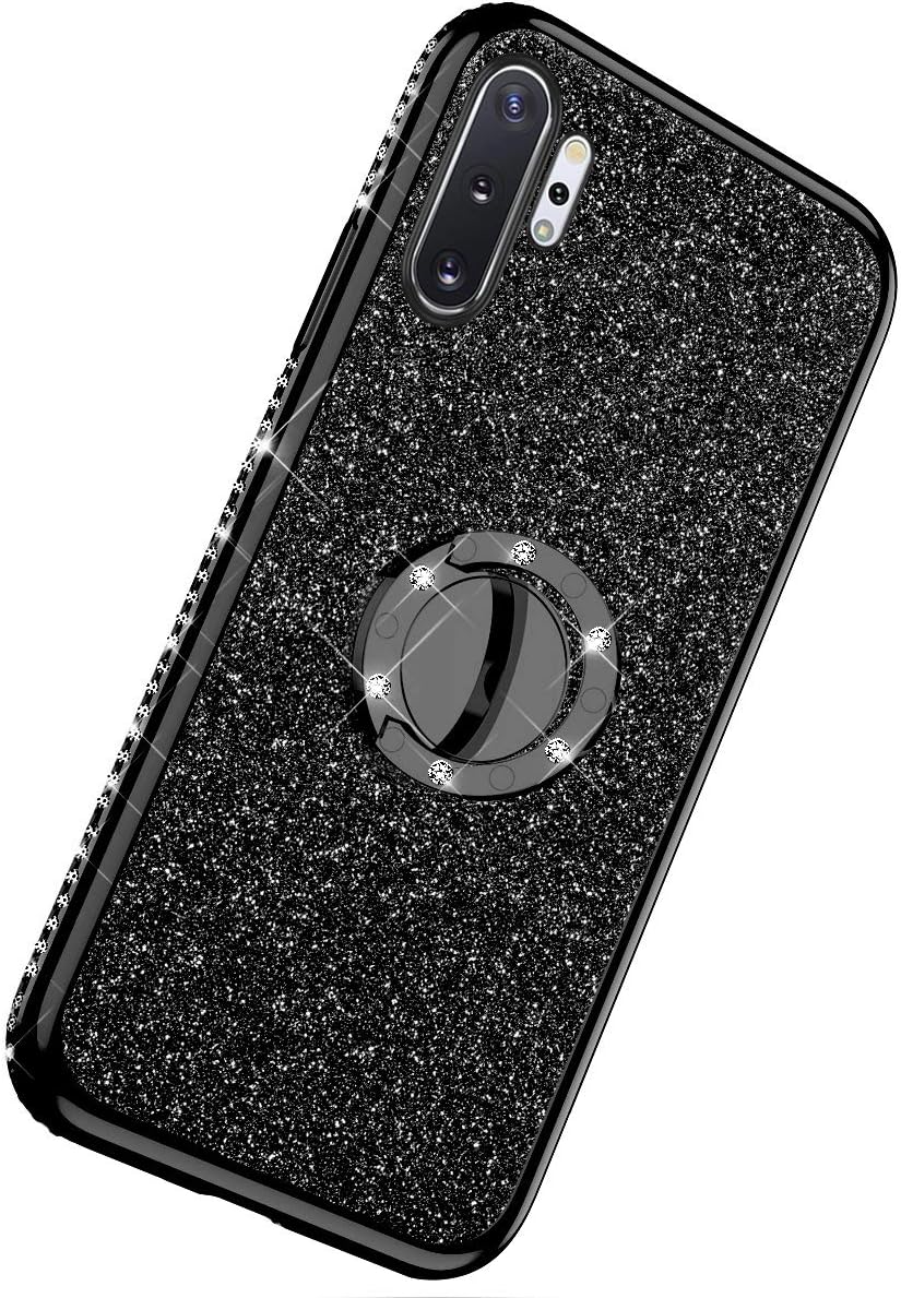 Herbests Compatible with Samsung Galaxy Note 10 Plus Glitter Cute Phone Case for Women Girls with Ring Holder Kickstand Crystal Clear Thin Anti-Scratch Bumper Soft TPU Protective Cover,Black