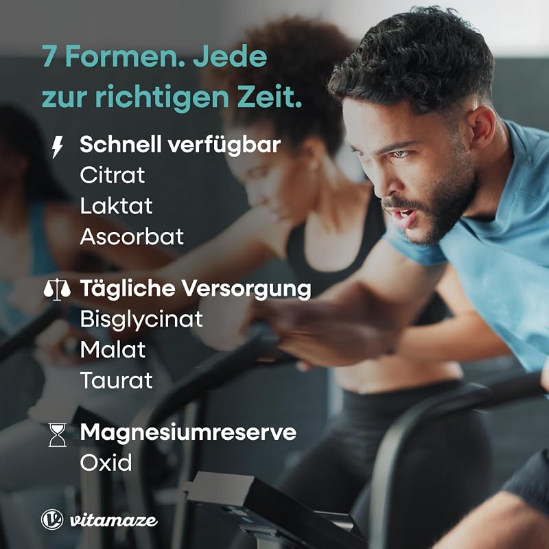 Vitamaze Magnesium Komplex 400mg, 7 Formen + Vitamin B6 und D3, Bisglycinat, Citrat, Malat, Oxid, Lactat, Ascorbat, Taurat, 4 Monate, Made in Germany