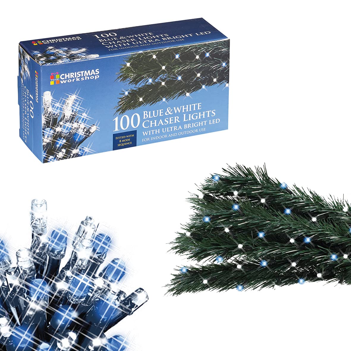 The Christmas Workshop 78580 100 Blue & White LED Chaser Christmas Lights/Indoor or Outdoor Fairy Lights / 6.9 Metres / 8 Light Modes/Great for Christmas, Weddings & Gardens — image 1