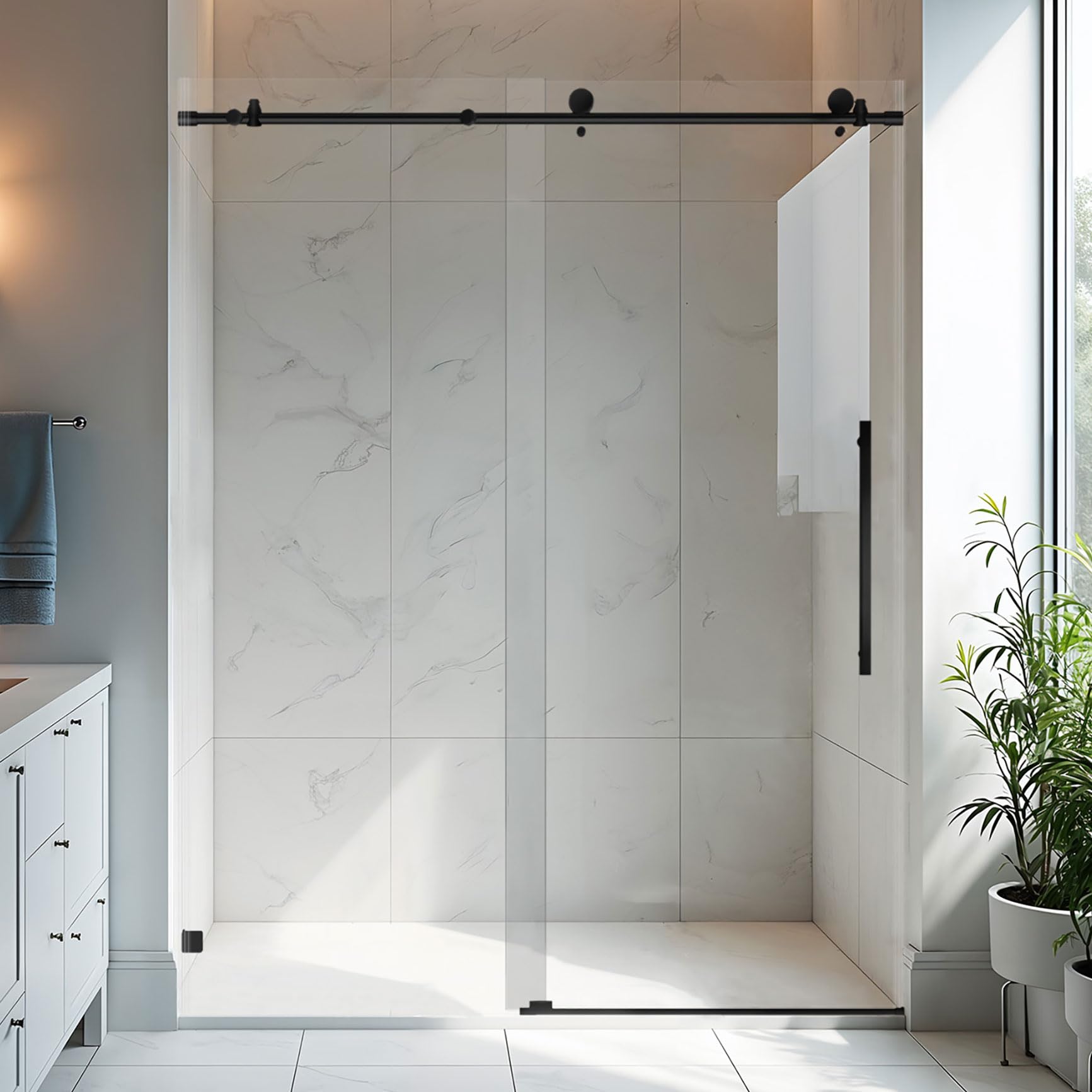 Photo 1 of ***SIMILAR ITEM*** Frameless Sliding Glass Shower Door, 56-60" W x 76" H, 5/16" (8mm) Clear Tempered Glass Bathroom Sliding Door, Stainless Steel Hardware, Matte Black Finish