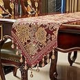 Luxury Vintage Table Runner 120 inches long Embroidery Jacquard Fabric with Multi-Tassels table runners for Dining Room Dresser Wedding Christmas Thanksgiving Party Decorations (Red, 12X120inch)