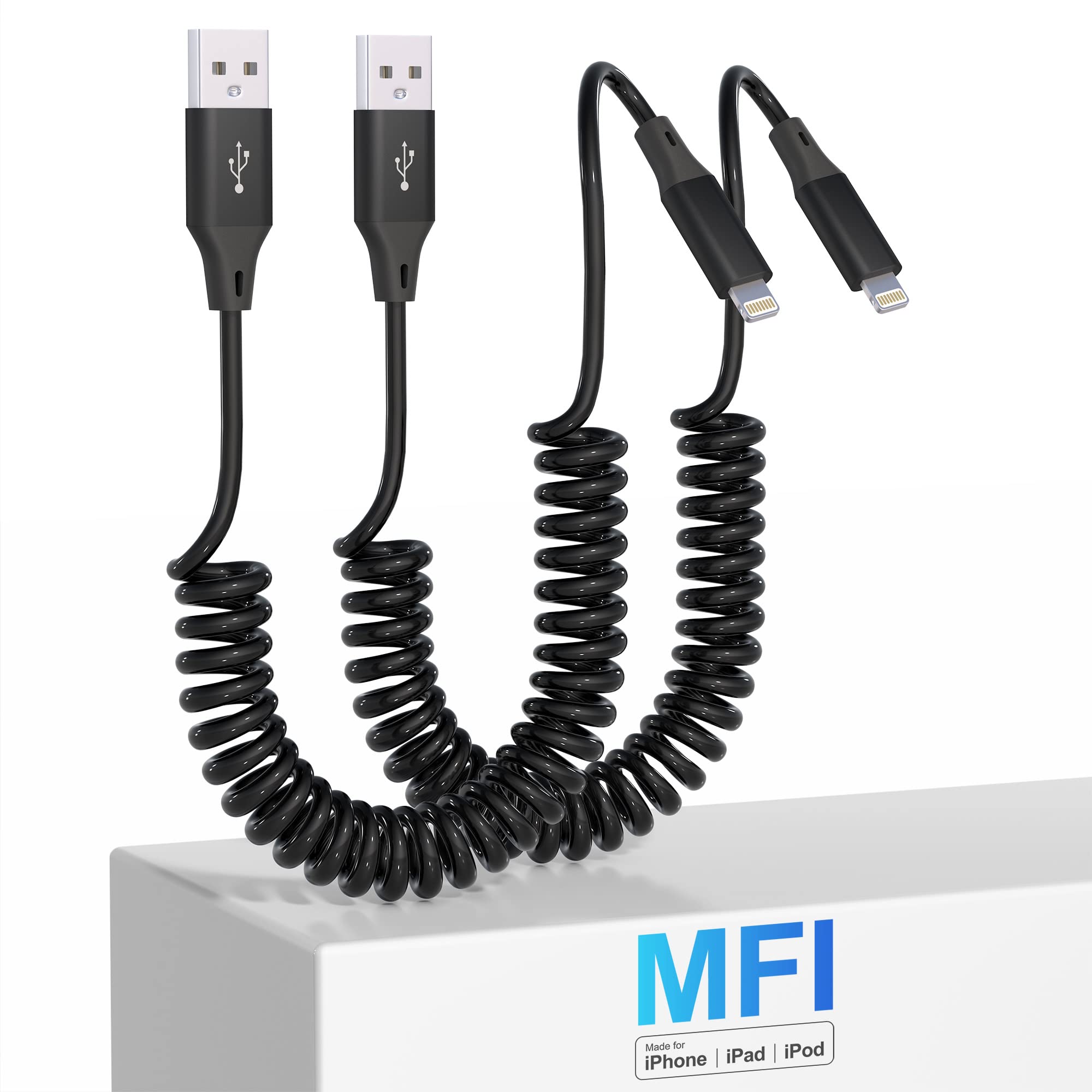 Coiled Lightning Cable 2 Pack, Apple Carplay & MFi Certified, Retractable iPhone Charger With Data Transmission, Short Cord for iPhone/Pad/Pod