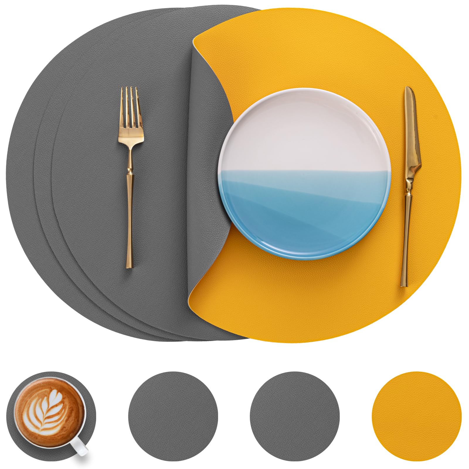 Myir JUN Round Table Placemats Set of 4 Faux Leather Place Mats and Coasters 15 inch Round Dual Sided Placemats Non-Slip Wipe Clean Stain Resistant (Gray Yellow,Set of 4)
