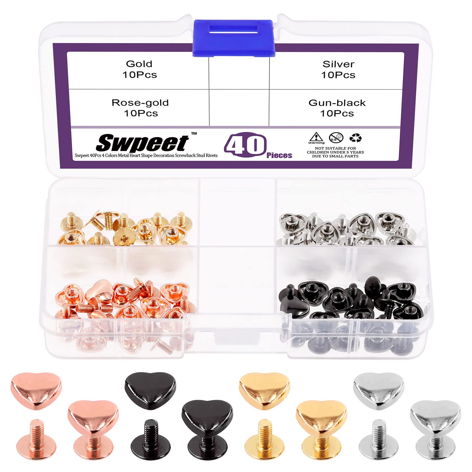 Swpeet Metal Heart Shape Decoration Screwback Stud Rivets