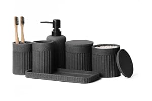 INIUNIK Bathroom Accessory Set - 6 Pieces Bathroom Accessories Set Complete with Soap Dispenser, Toothbrush Holders, Tumbler, Vanity Tray and 2 Qtip Holder for Home Organizer and Decor, Dark Grey