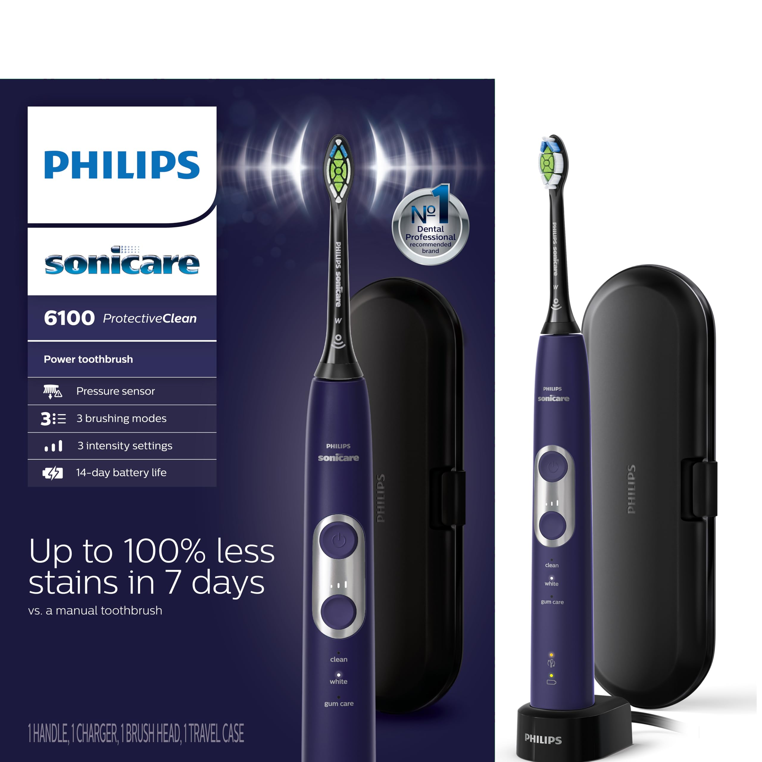 Photo 1 of Philips Sonicare ProtectiveClean 6100 Rechargeable Electric Toothbrush, with Pressure Sensor, 3 Cleaning Modes, SmarTimer and QuadPacer, 14-Day Battery Life, Travel Case, Deep Purple, Model HX6471/03