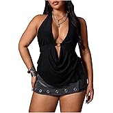 BEAUDRM Women's Plus Size Metal Ring Halter Top Y2k Draped Front Backless Date Night Party Rave Club Tank Top