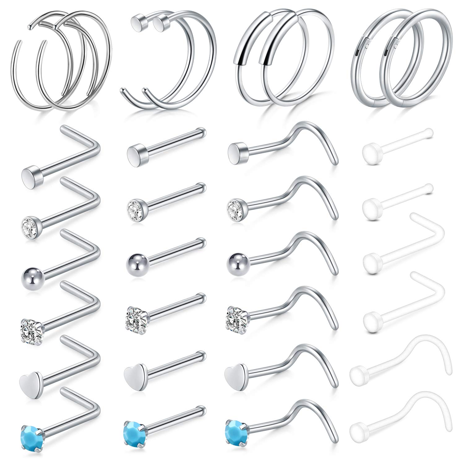 AceFun 20g Nose Stud & Hoop Nose Rings - 32pcs, Stainless Steel Silver, L-Shaped, Hoop, Tragus, Cartilage, Unisex