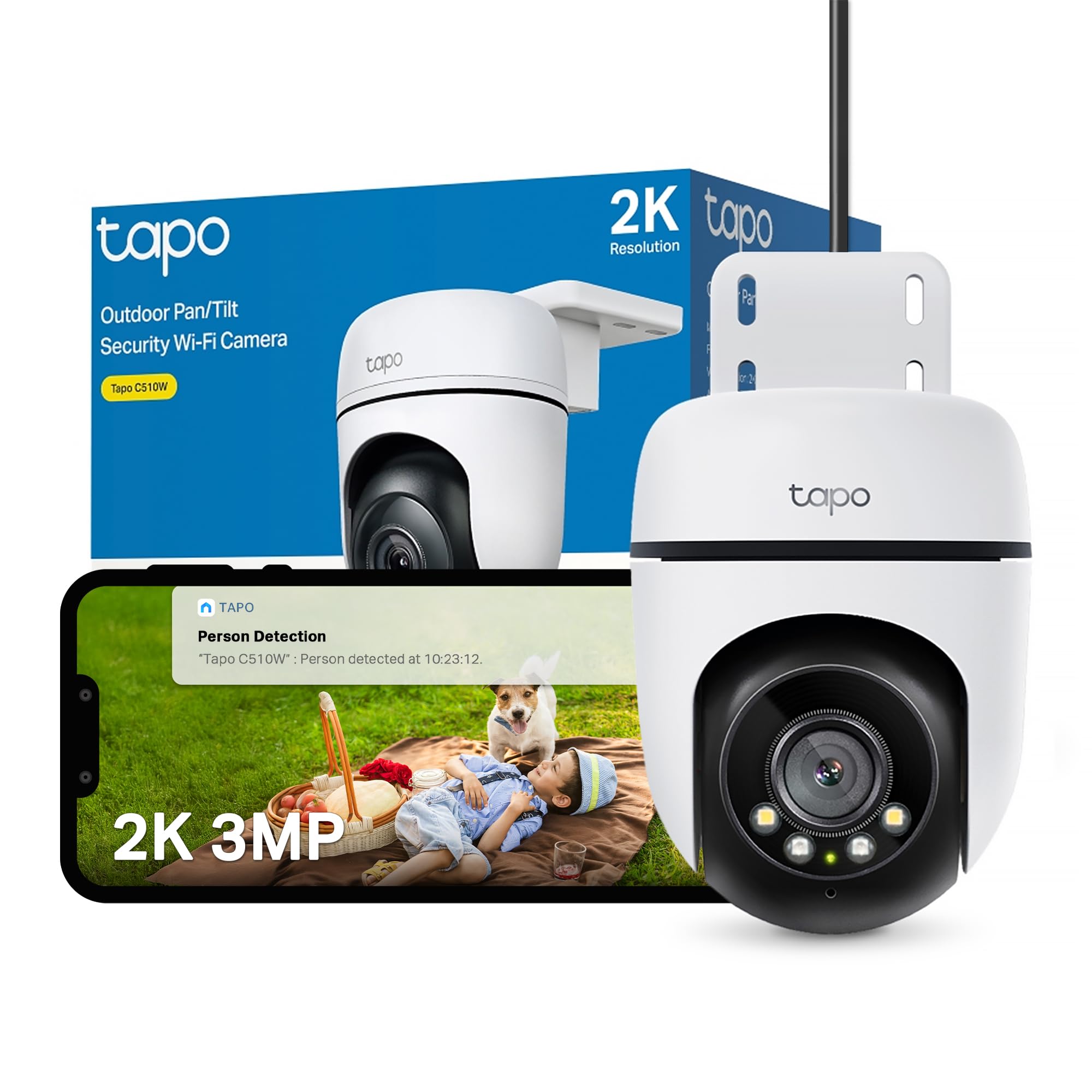 Tapo C510W 2K Outdoor Pan/Tilt Security Camera, 360°Visual Coverage, IP65 WiFi Camera, Motion Tracking, Full-Colour Night Vision, Cloud and Local Storage, Works With Alexa and Google, No Monthly Fee