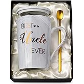 Best Uncle Birthday Gifts from Nephew Niece, Uncles Valentines Gift, Fathers Day Announcement Presents - 14oz Grey Marble Ceramic Gold Print Uncle Mug, with Lid, Spoon, Greeting Card, Nice Gift Boxed