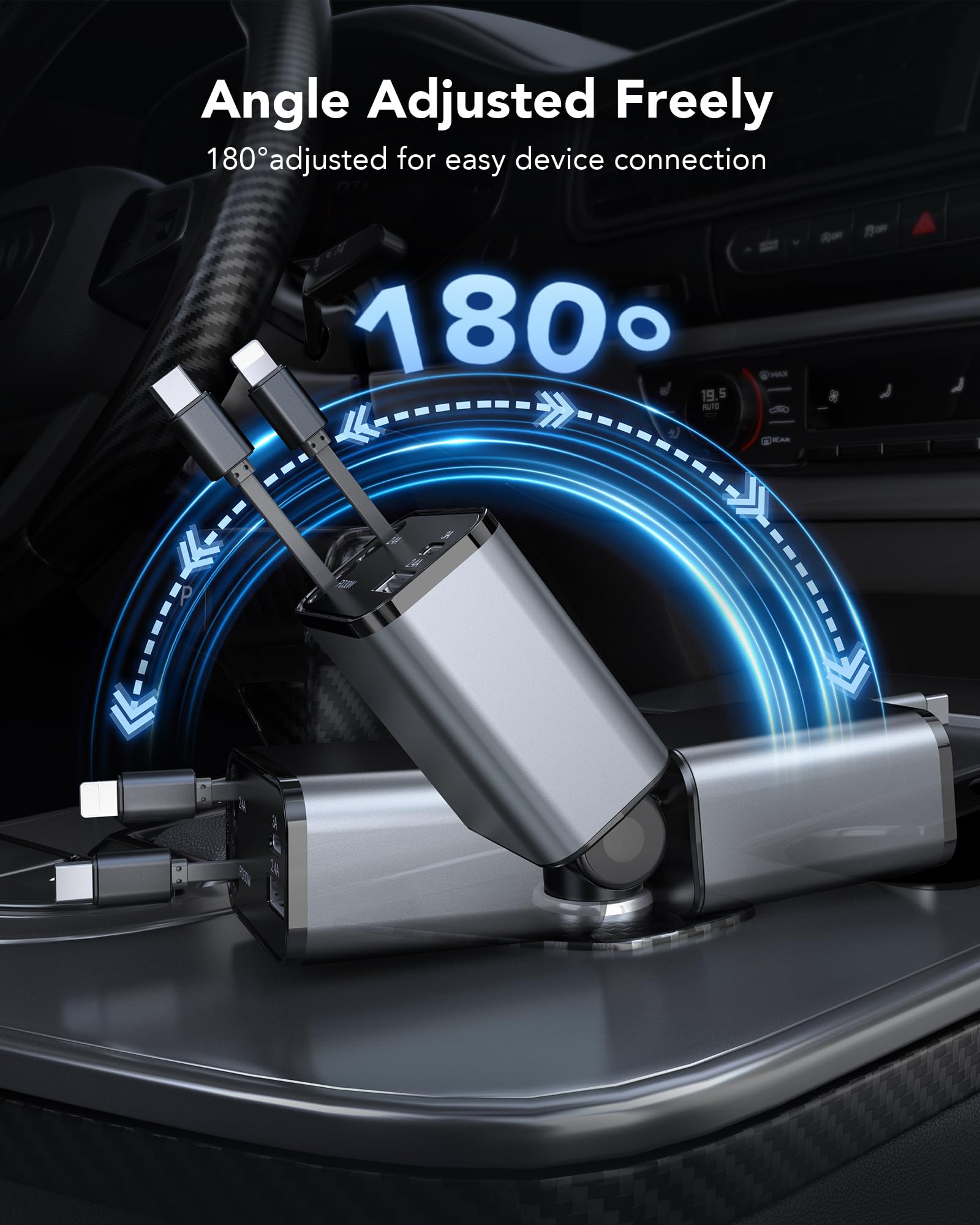 69W Retractable Car Charger, 4-in-1 Fast Car Phone Charger with 2.6ft Two Retractable Cables and USB C+USB A Car Charging Block Cube, Compatible with iPhone 16 15 14 13 12 Pro Max Plus,Galaxy,Pixel