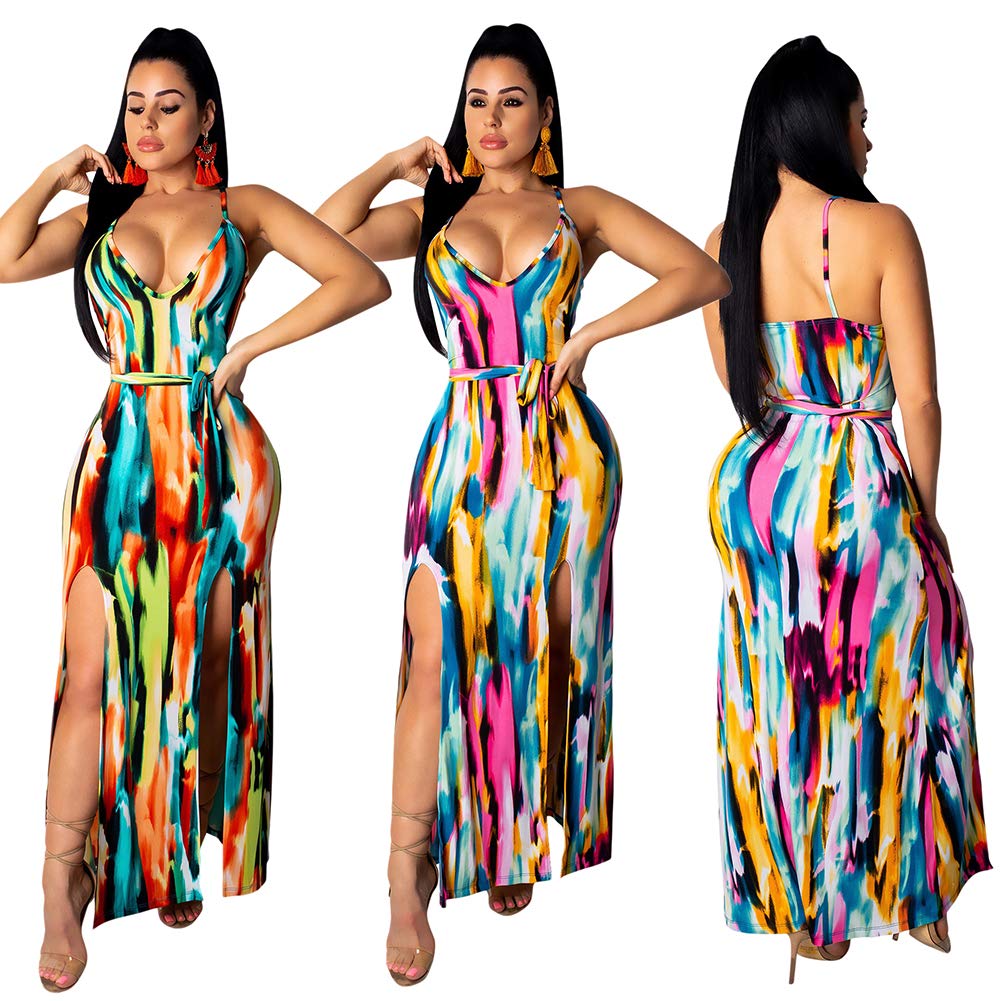 ECHOINE Women High Slit Dress - Sleeveless V Neck Sexy Maxi Dresses Pink