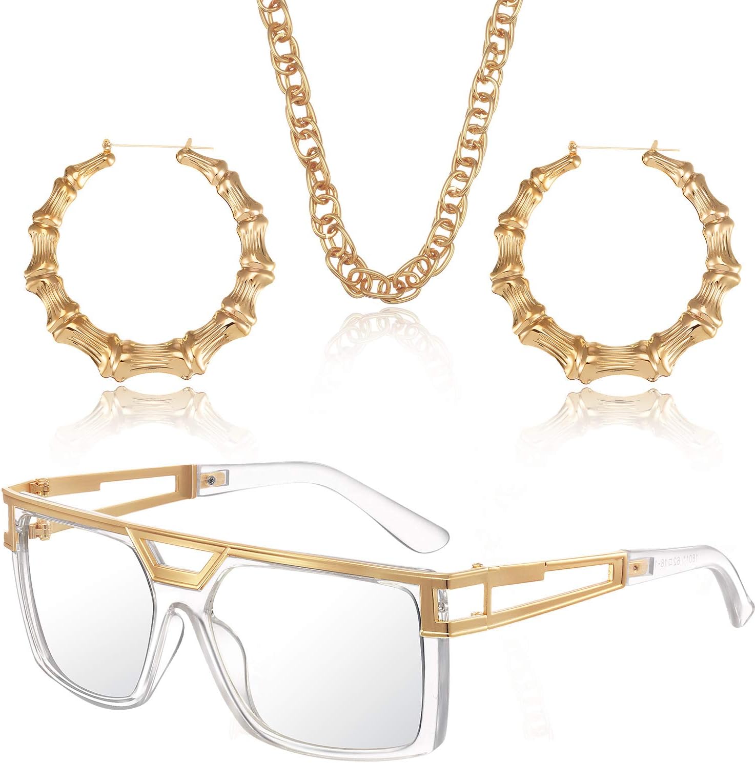 Hip Hop Woman Costume Kit Old School Rapper Sunglasses Faux Gold Rope Chain Earrings 80s/ 90s Rapper Accessories: Toys & Games