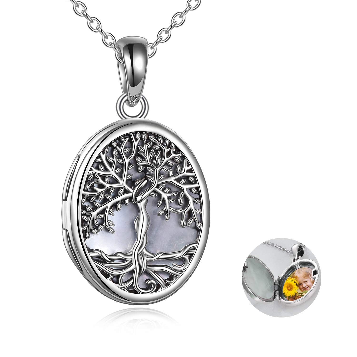 YAFEINI Tree of Life Locket Necklace 925 Sterling Silver Family Tree of Life Mother of Pearl Locket Necklace that Holds Pictures for Women Jewelry — image 1