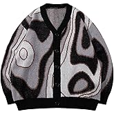 BEAUDRM Men's Y2K Graphic Cardigan Sweaters Aesthetic Cardigan Open Front Sweaters Fall Button Up V Neck Knit Outerwear