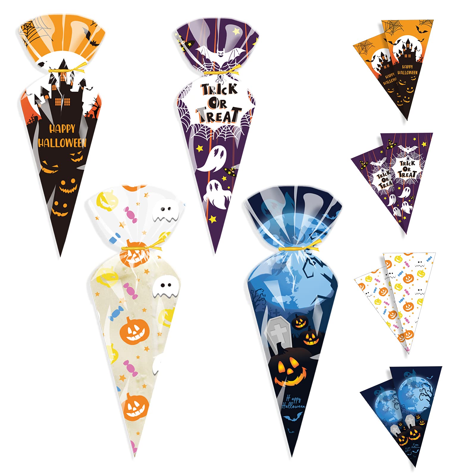 120 Pieces Medium Cone Bags Cello Bags Sweet Clear Treat Bags with 120 Pieces Twist Ties, 13 by 12.6 Inch (Gold Twist Ties)