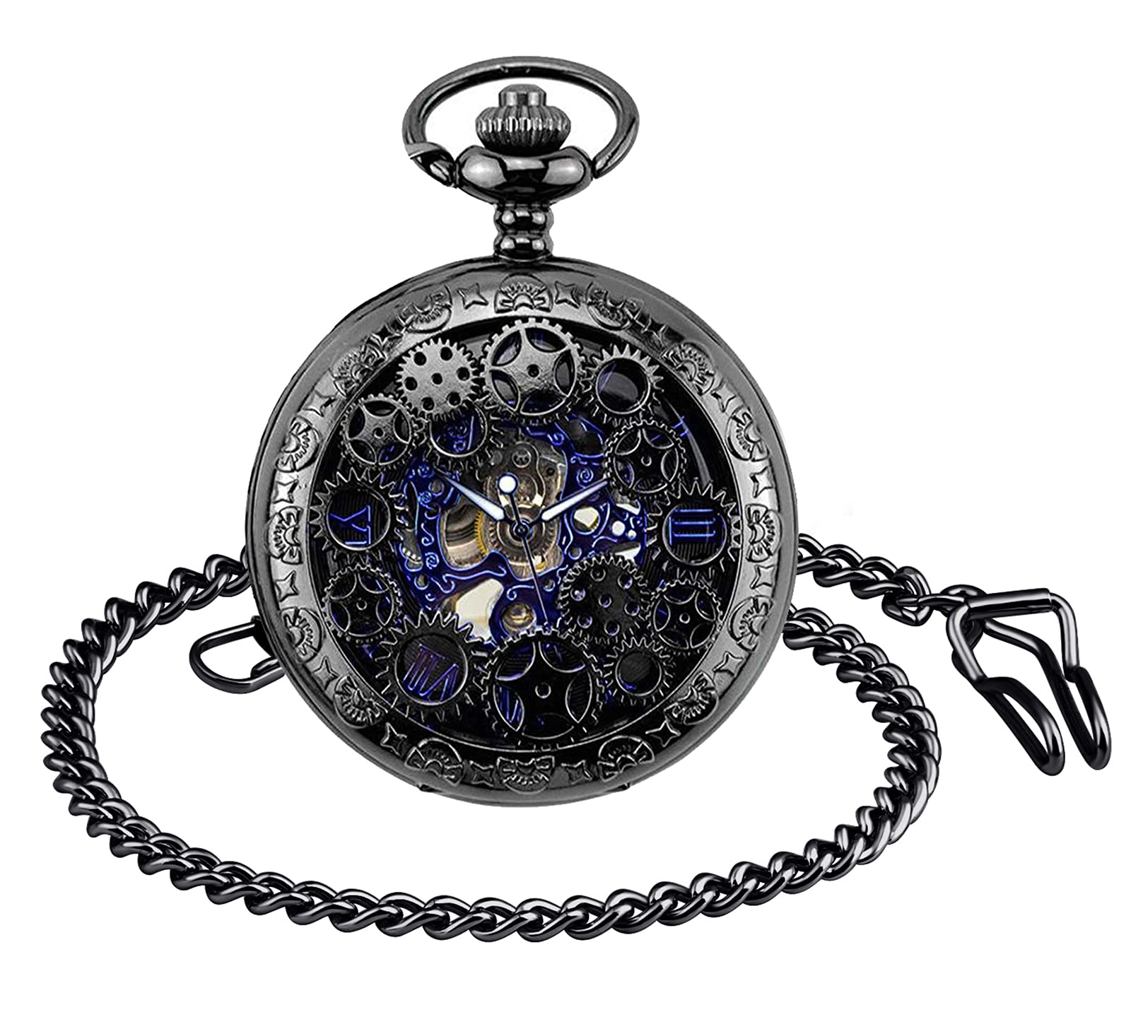 SUPBRO Women's Men's Pocket Watch Retro Gear Analogue Mechanical Chain Watch with Necklace Sweater Chain, black,