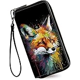 RAUEDWDJS Women's Wallets,Credit Card Holder Money Leather Long Wallet with Wristlet,Large Capacity with Zip-Around Phone Purse for Women Ladies Girls,Colorful Fox