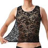 GENEMEN Mens Lace Thank Tops See Through Floral Printed Tops Sexy Sleeveless T-Shirt