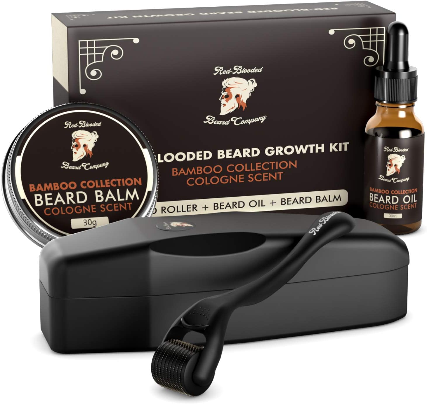 Red-Blooded Beard Growth Kit, Beard Roller + Beard Oil + Beard Balm