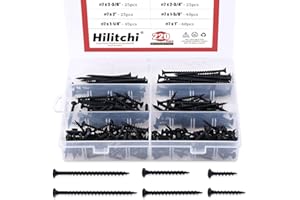 Hilitchi 220-Pcs #7 Coarse Thread Drywall Screw Assortment Kit, Bugle Head, Phillips Drive, Black Oxide Finish, for Drywall Sheetrock, Wood - [6 Different Size]