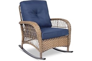 VIVIJASON Outdoor Wicker Rocking Chair, Patio Rattan Rocker Chair with Cushions & Steel Frame, All-Weather Rocking Lawn Wicker Furniture for Garden Backyard Porch (Navy Blue)