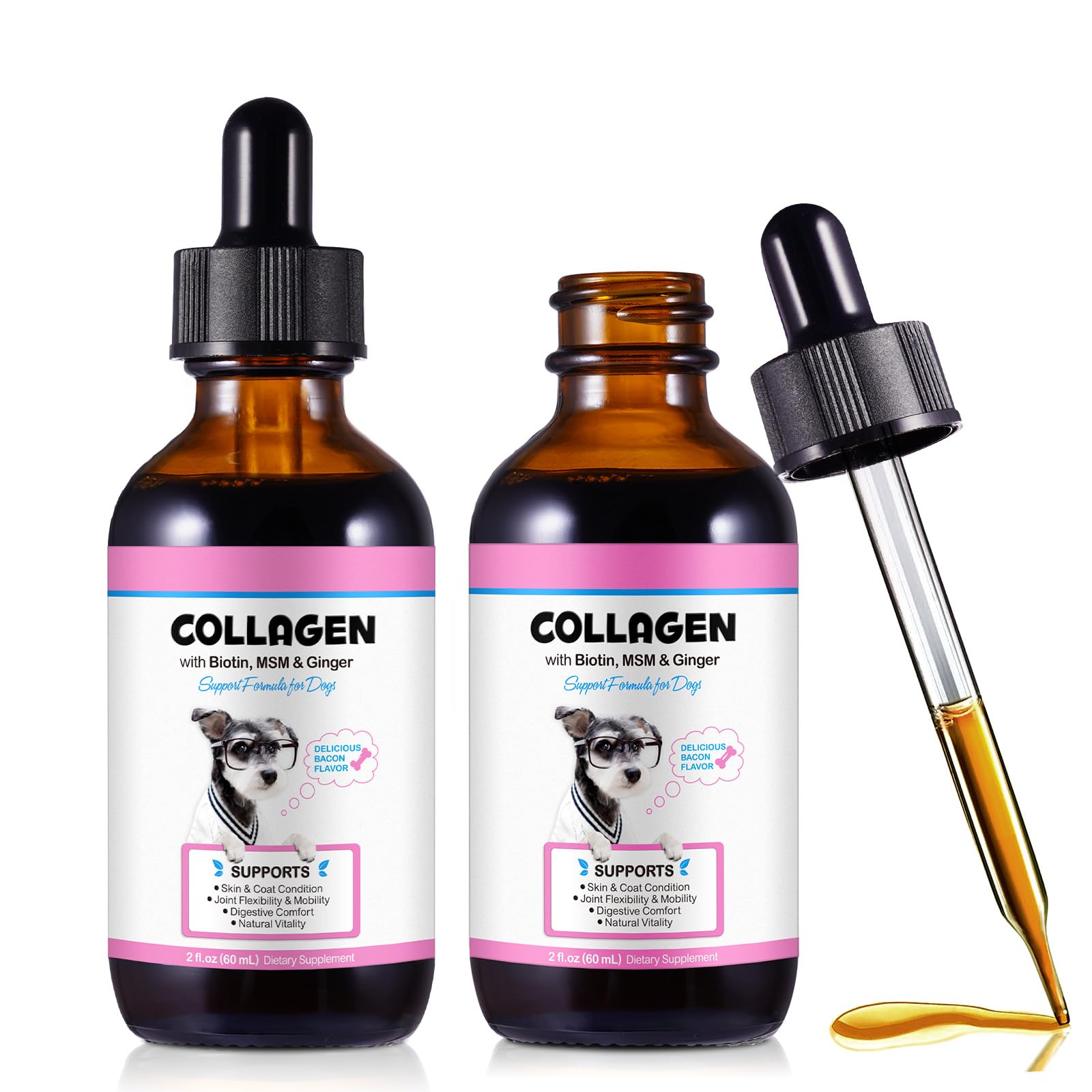 2Pack Collagen for Dogs 60ml,Liquid Dog Collagen Drops,Dog Collagen Drops with Biotin, MSM-Supports Smooth Digestion,Joints, Skin & Coat,Liquid Collagen Supplement,Tasty Bacon-Flavored