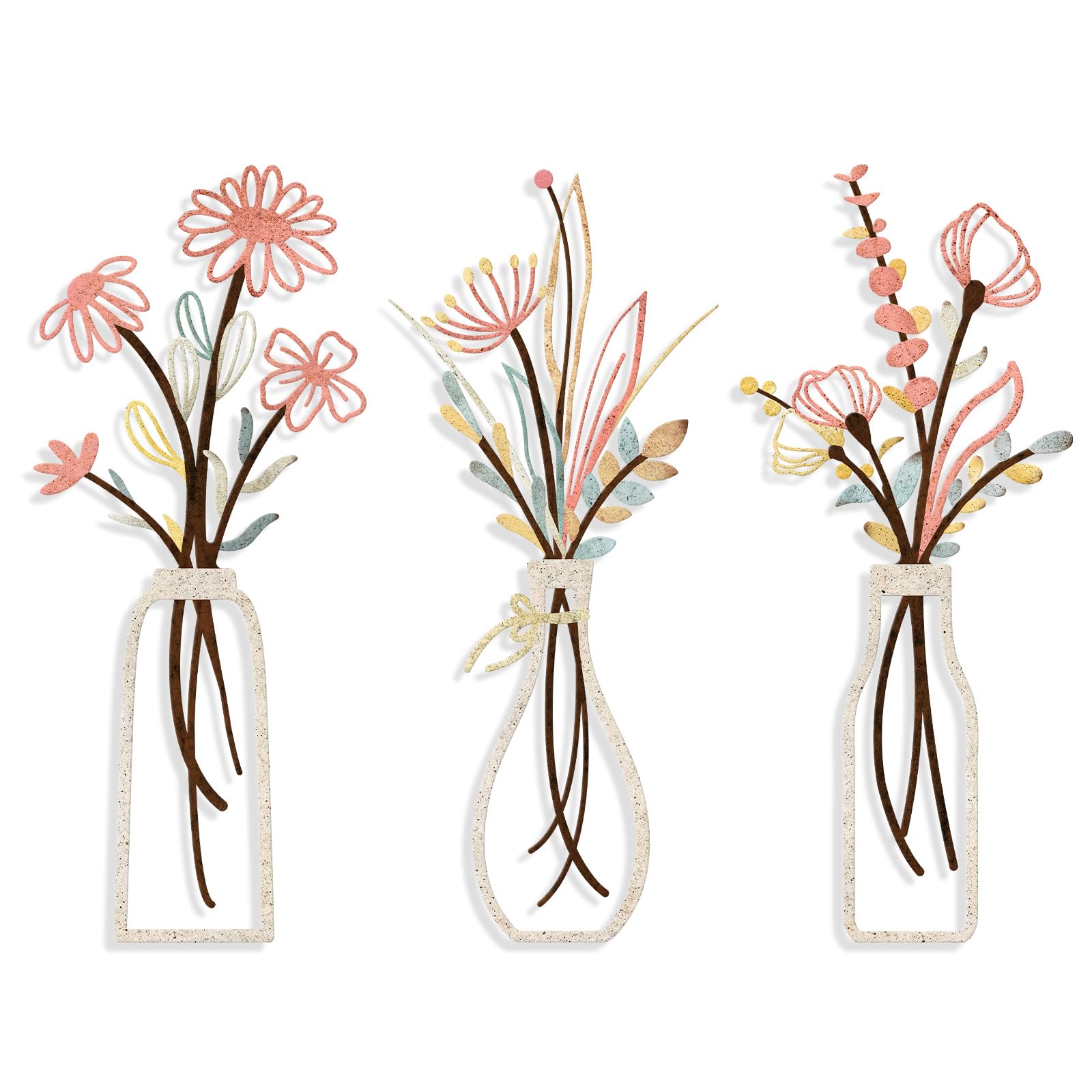 Photo 1 of 3 Pieces Metal Flowers Wall Arts - Rustic Farmhouse Style Décor Metal Wall Art Black Minimalist Flower Natural Themed Wall Decors for Home Bedroom Dining Room Housewarming (Pink Beige)