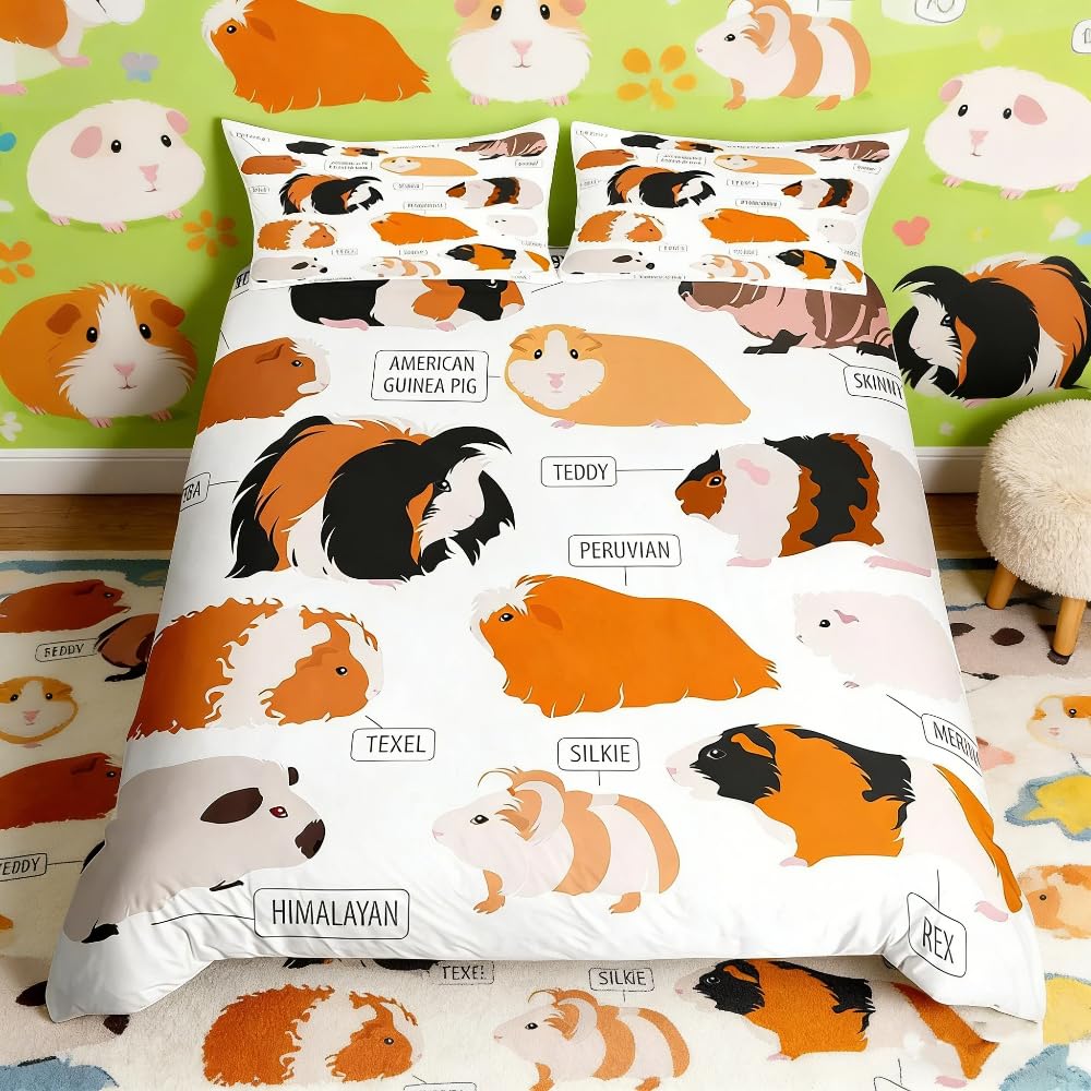 Loussiesd Guinea Pig Comforter Cover,Cute Animals Pattern Types of Rodent Breeds,Nursery Boys Decorative 3 Pieces Bedding Set King(1 Duvet cover Set & 2 Pillow Shams) & Zippers Ties,Brown Ginger