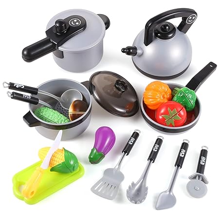 EFO SHM Toepfe Spielkueche, Topfset Kinder, Toepfe Set Kinder, Kochgeschirr Kinder Metall, Topfset Spielzeug mit Gemüse für K